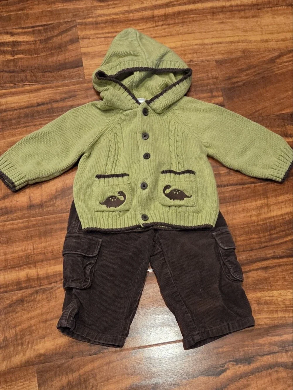 Gymboree EUC 6-12 Months Green Hooded Dino Sweater and Brown Corduroy Pants